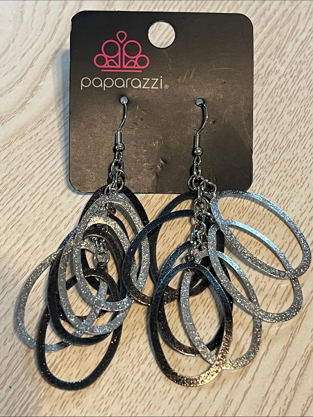 Paparazzi Silver and Black Layered Hoop Dangle Earrings